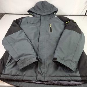 Free Country Mens Softshell Jacket Gray Colorblock Hooded Pockets Logo V Neck L